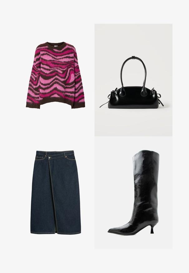 Lun sweater med bølget mønster i nuancer af pink og brun. Rund halsudskæring, lange ærmer og ribstrikkede manchetter og kant.; Denim nederdel i mørk navyblå, midi-længde, med et omslagdesign, synlige sømme i en kontrastfarve og en slids foran.; Sort skinnende knæhøj læderstøvle med spids tå og lav buet hæl på en ensfarvet lys baggrund.; Lille sort blank håndtaske med to lange håndtag og snøre-detaljer i siden på en ensfarvet lys baggrund.