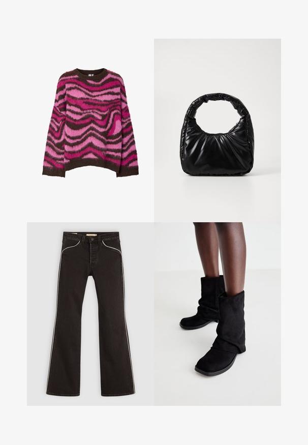 Pull duveteux avec un motif ondulé en nuances de rose et marron. Encolure ronde, manches longues, et poignets et ourlet côtelés.; Jean noir évasé en denim avec des rayures blanches sur les côtés, présentant un design classique à cinq poches et une fermeture à bouton.; Bottes de cheville en daim noir au design décontracté, avec une semelle plate et un bout carré, présentées sur des jambes sombres sur un fond clair.; Sac à main noir rembourré avec une poignée arrondie, présentant une surface lisse et brillante ainsi qu'une texture douce et matelassée. Pas de quincaillerie ou d'accents visibles.
