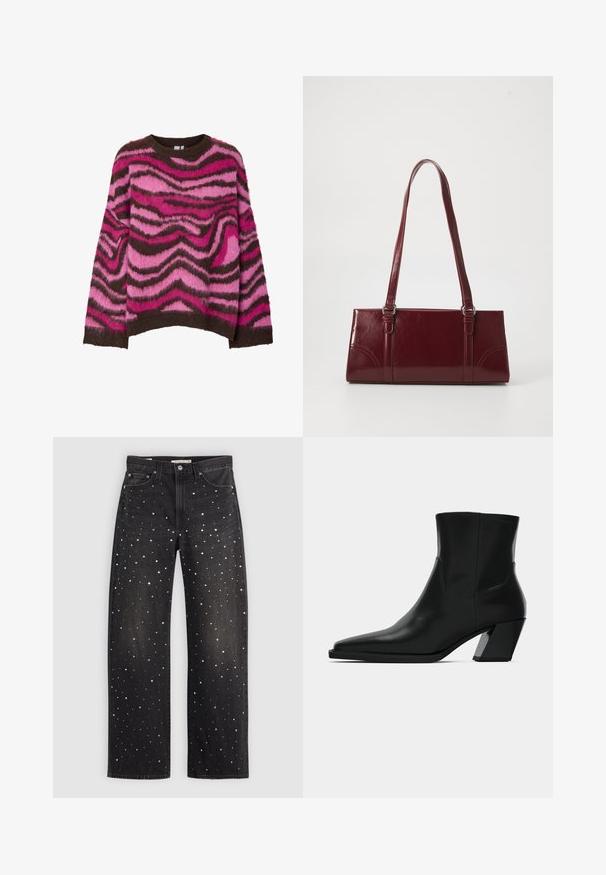 Lun sweater med bølget mønster i nuancer af pink og brun. Rund halsudskæring, lange ærmer og ribstrikkede manchetter og kant.; Sorte denim jeans med en løs pasform, prydet med spredte sølv-, guld- og hvide prikker. Designet med klassiske lommer og metalbeslag.; Sortlæder ankelstøvle med spids tå, en slank silhuet og en kraftig firkantet hæl. Glat tekstur med minimale stikninger.; Bordeaux håndtaske lavet af glansfuldt materiale, rektangulær form, med to skulderremme og subtile buede detaljer på forsiden.