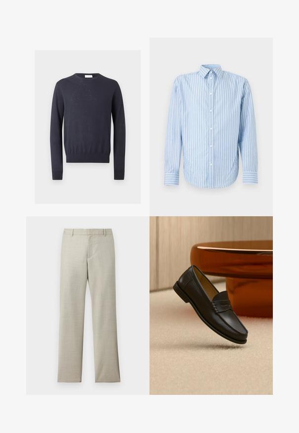 Pull bleu marine à manches longues avec col rond et bords-côtes aux poignets et à l'ourlet sur un fond uni clair.; Chemise habillée à manches longues bleu clair avec des rayures verticales bleu foncé, fermeture boutonnée à l'avant et col pointu sur un fond uni.; Pantalon droit couleur beige clair avec passants pour ceinture, fermeture éclair frontale et texture subtile sur fond blanc.; Chaussure mocassin en cuir noir suspendue au-dessus d’un tapis beige avec du mobilier moderne couleur ambre en arrière-plan.