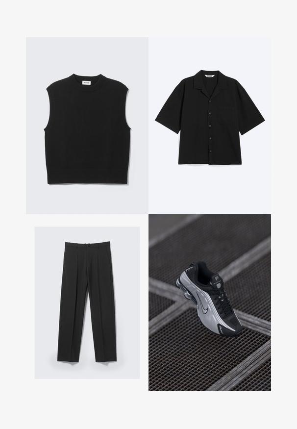 Sort ærmeløs sweater lavet af blødt strikket stof. Ribstrikket rund halsudskæring og kant. Enkel design uden yderligere mønstre eller detaljer.; Sort kortærmet skjorte med knapper foran, camp-krave og brystlomme, lagt fladt på en lys baggrund.; Sorte skræddersyede bukser med forreste plisseringer, sidelommer, bæltestropper og knaplukning ved linningen på en lys baggrund.; Nike atletiksko med et sort og sølv design. Lavet af syntetisk materiale med mesh-detaljer og en støttende sål med synlig luftstødabsorbering.
