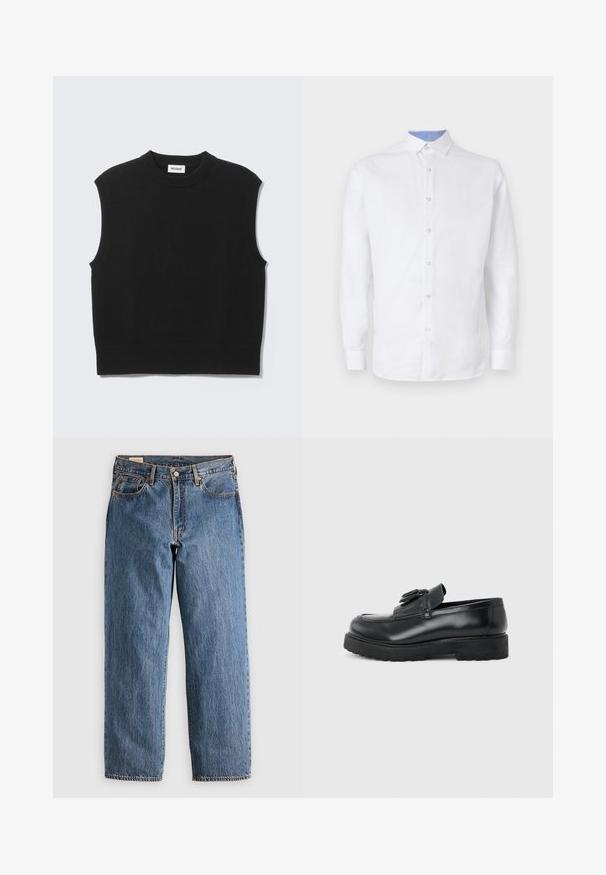 Suéter negro sin mangas confeccionado con tejido de punto suave. Cuello redondo y bajo acanalados. Diseño sencillo sin patrones ni detalles adicionales.; Camisa blanca de manga larga con botones al frente, con un patrón a cuadros azul claro en el interior del cuello y los puños. Textura de tela suave.; Jeans de mezclilla azul con un corte recto, que cuentan con una cintura alta, remaches de cobre y costuras naranjas. Incluyen bolsillos delanteros y traseros.; Mocasín de cuero negro con borlas, suela de caucho gruesa y tacón bajo, mostrado de perfil sobre un fondo liso.