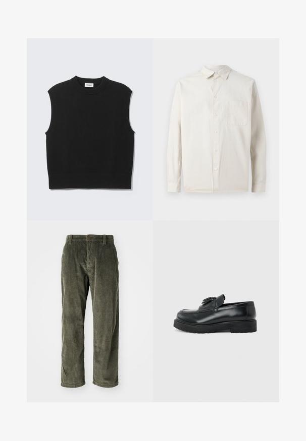 Sort ærmeløs sweater lavet af blødt strikket stof. Ribstrikket rund halsudskæring og kant. Enkel design uden yderligere mønstre eller detaljer.; Samsøe Samsøe SADAMON - Skjorter - off white; Olivengrønne fløjlsbukser med lodrette ribber, der har knaplukning og lige ben. Blød tekstur med en klassisk pasform.; Sort læderloafer med kvaster, tyk gummisål og lav hæl, vist i sideprofil på en ensfarvet baggrund.