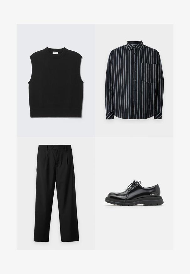 Sort ærmeløs sweater lavet af blødt strikket stof. Ribstrikket rund halsudskæring og kant. Enkel design uden yderligere mønstre eller detaljer.; Sort button-up skjorte med blå lodrette striber, lange ærmer, krave og en brystlomme. Glat stof, afslappet pasform, standard knapper.; Sorte bukser med lige pasform, der har en enkelt knaplukning, to for-lommer og en glat, let stofstruktur.; Sorte læder dressko med rund tå, tyk gummisål, snørebåndsdesign og markant syning langs kanten.