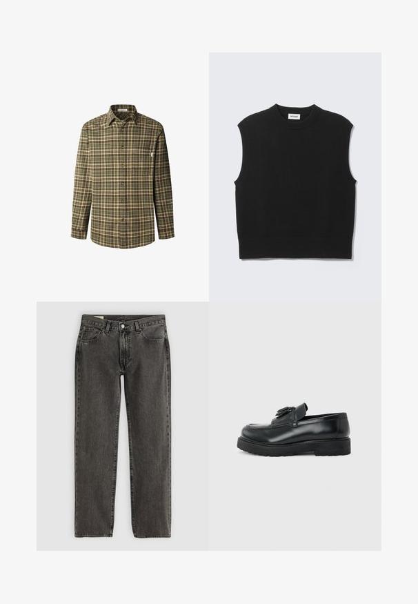 Suéter negro sin mangas confeccionado con tejido de punto suave. Cuello redondo y bajo acanalados. Diseño sencillo sin patrones ni detalles adicionales.; Camisa abotonada en patrón de cuadros en verde y marrón, de mangas largas, con cuello, bolsillo en el pecho, fabricada en un tejido de algodón texturizado y con botones marrones.; Vaqueros negros desgastados de pierna recta con cinco bolsillos, cierre de botón y pasadores para cinturón, dispuestos sobre un fondo blanco.; Mocasín de cuero negro con borlas, suela de caucho gruesa y tacón bajo, mostrado de perfil sobre un fondo liso.