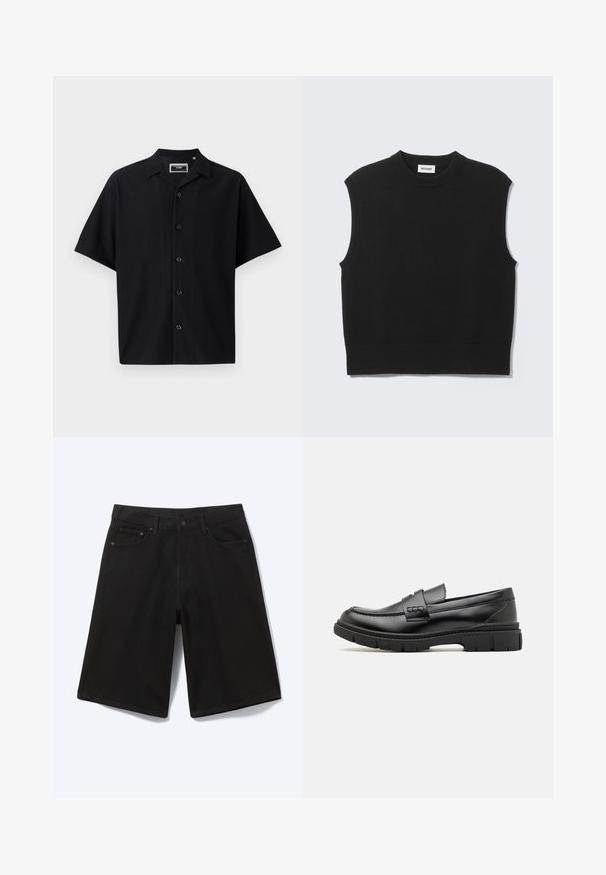 Suéter negro sin mangas confeccionado con tejido de punto suave. Cuello redondo y bajo acanalados. Diseño sencillo sin patrones ni detalles adicionales.; Camisa negra de manga corta con botones, con un diseño texturizado de canalé, que presenta un cuello y cinco botones en la parte delantera, hecha de un tejido suave.; Pantalones cortos vaqueros negros hasta la rodilla con botón frontal, trabillas para cinturón y cinco bolsillos, mostrados sobre un fondo blanco.; Mocasin de cuero negro con una cinta ancha en el empeine, suela de goma con tacos gruesos y textura suave. Diseño clásico y elegante.