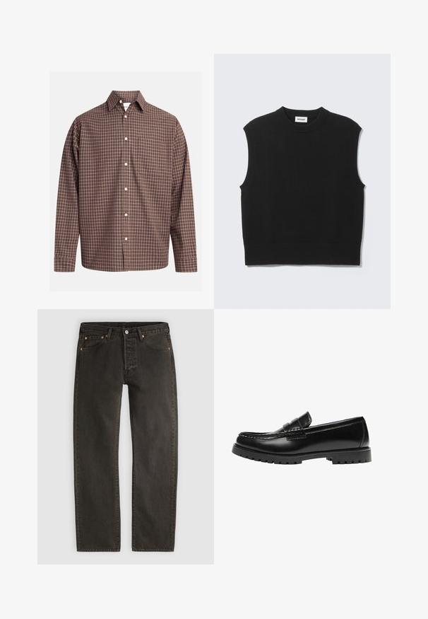 Sort ærmeløs sweater lavet af blødt strikket stof. Ribstrikket rund halsudskæring og kant. Enkel design uden yderligere mønstre eller detaljer.; Brunternetternet knap-up skjorte med lange ærmer, med en brystlomme og hvide knapper på et struktureret stof.; Sorte jeans med lige ben, forreste knap og lynlås, fem lommer og kobbernitter på en lysegrå baggrund.; Sort læderloafer med en kraftig gummisål og klassiske penny-strap detaljer, vist fra ydersiden.