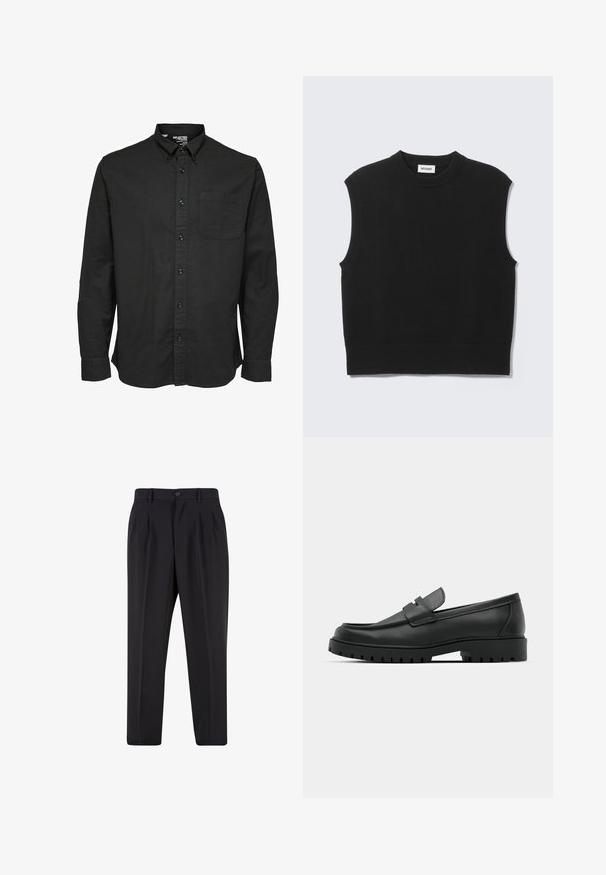 Sort ærmeløs sweater lavet af blødt strikket stof. Ribstrikket rund halsudskæring og kant. Enkel design uden yderligere mønstre eller detaljer.; Sort langærmet skjorte med knapper i bomuldsstof, med standard krave, brystlomme og matchende sorte knapper.; Sorte skræddersyede bukser med forreste læg, bæltestropper og knaplukning i taljen.; Sorte læder loafers med rund tå, der har et syet design, lav platformssål og en struktureret, skridsikker gummisål.