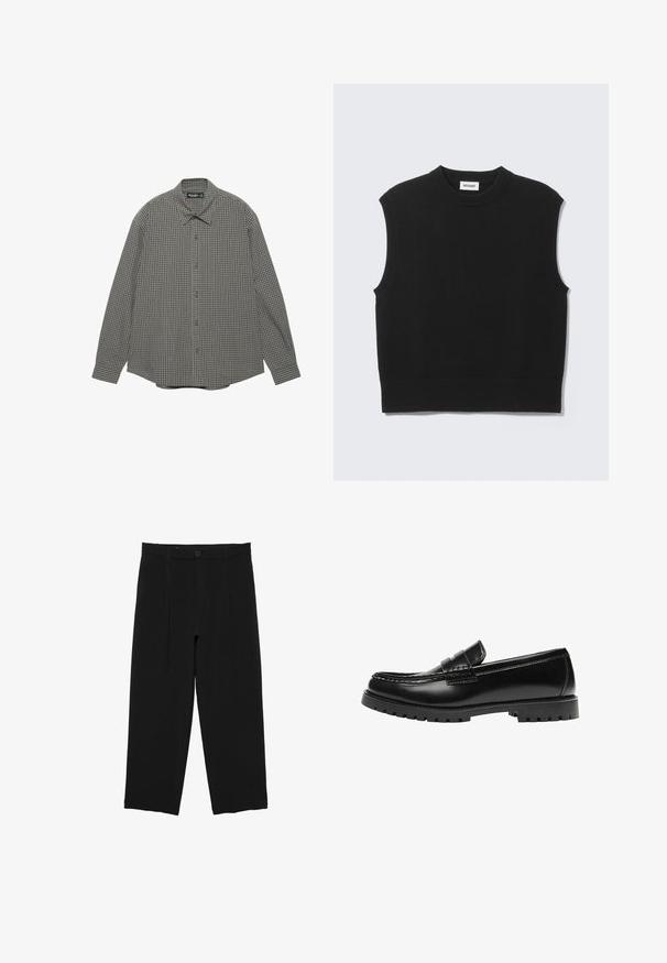Pull sans manches noir en tissu tricoté doux. Encolure ronde côtelée et ourlet côtelé. Design simple sans motifs ni accents supplémentaires.; Chemise boutonnée à manches longues avec un col classique et un petit motif à carreaux dans des nuances de gris et de marron.; Pantalon noir à jambes larges avec passants de ceinture, bouton à l'avant et design plissé, présenté sur un fond blanc.; Mocassin en cuir noir avec une semelle en caoutchouc épaisse et un détail classique de bride à monnaie, vu de côté extérieur.