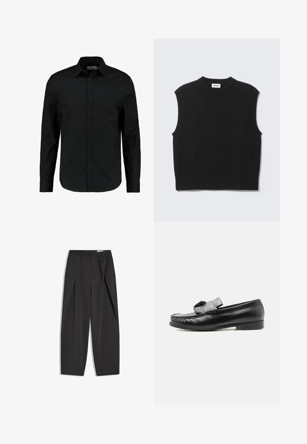 Sort ærmeløs sweater lavet af blødt strikket stof. Ribstrikket rund halsudskæring og kant. Enkel design uden yderligere mønstre eller detaljer.; Sort langærmet skjorte lavet af glat stof, har en knaplukning foran, spidse kraver og en skræddersyet pasform med en buet kant.; Sorte sorte bukser med høj talje, skræddersyede med læg, bæltestropper og lige ben, vist fladt på en hvid baggrund.; Sort læderloafer med kvastdetalje, lav hæl og rundet tå, vist fra siden mod en ensartet lys baggrund.