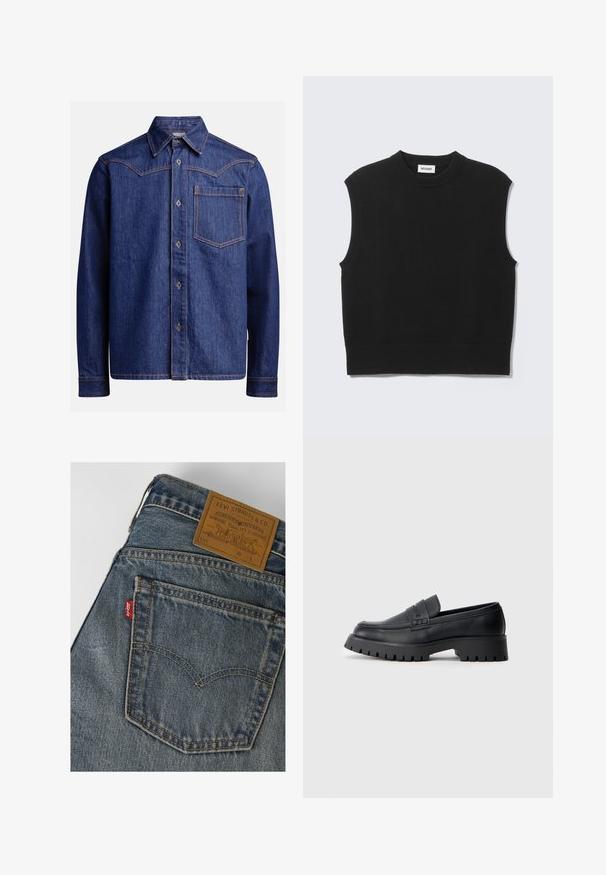 Suéter negro sin mangas confeccionado con tejido de punto suave. Cuello redondo y bajo acanalados. Diseño sencillo sin patrones ni detalles adicionales.; Camisa de mezclilla azul oscuro de manga larga con cuello punta, botones en el frente, bolsillo en el pecho y costuras en contraste de color naranja.; Bolsillo trasero de vaqueros Levi's azul denim con costuras amarillas y una etiqueta de cuero marrón de Levi Strauss & Co. en la cintura.; Mocasines de cuero negro con punta redondeada, que presentan una correa decorativa y una suela de goma gruesa con surcos profundos para mayor tracción.