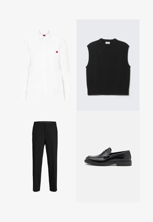 Pull sans manches noir en tissu tricoté doux. Encolure ronde côtelée et ourlet côtelé. Design simple sans motifs ni accents supplémentaires.; Chemise blanche à manches longues en coton, avec un col boutonné, une poche poitrine et un petit badge logo rouge sur la poitrine.; Pantalons noirs en tissu lisse, présentant une coupe droite, des passants de ceinture et un devant plat sans motifs ni embellissements visibles.; Mocassins en cuir noir avec un bout arrondi, des détails cousus sur le cou-de-pied et une semelle en caoutchouc plate pour l'adhérence. Texture lisse dans l'ensemble.