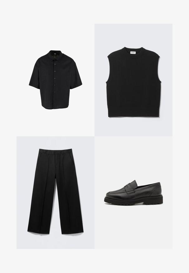 Suéter negro sin mangas confeccionado con tejido de punto suave. Cuello redondo y bajo acanalados. Diseño sencillo sin patrones ni detalles adicionales.; Camisa negra de manga corta confeccionada en un tejido ligero, con cierre de botones en el frente y un cuello clásico, con un corte relajado y estilo cuadrado.; Pantalones negros de pierna ancha con trabillas para cinturón, bolsillos delanteros y cierre de cremallera, exhibidos sobre un fondo gris claro.; Mocasín de cuero negro con punta redonda, detalles de costura y suela gruesa y texturizada. Presenta un diseño elegante y minimalista.