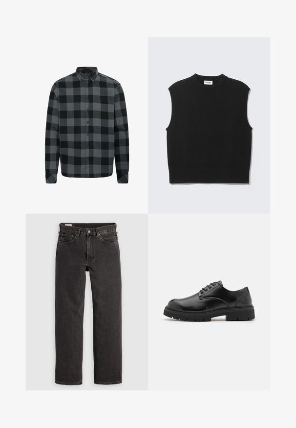 Sort ærmeløs sweater lavet af blødt strikket stof. Ribstrikket rund halsudskæring og kant. Enkel design uden yderligere mønstre eller detaljer.; Grå og sort ternet flannel skjorte med lange ærmer, knap-ned krave og knapper foran. Blød tekstur med en afslappet pasform.; Sorte denim jeans med lige ben, fem lommer og metalbeslag. Stoffet har en let struktur og en ensfarvet finish.; Sorte lædersko med rund tå, snørelukning og en tykk, struktureret gummisål. Har syninger langs kanten og en glat overflade.