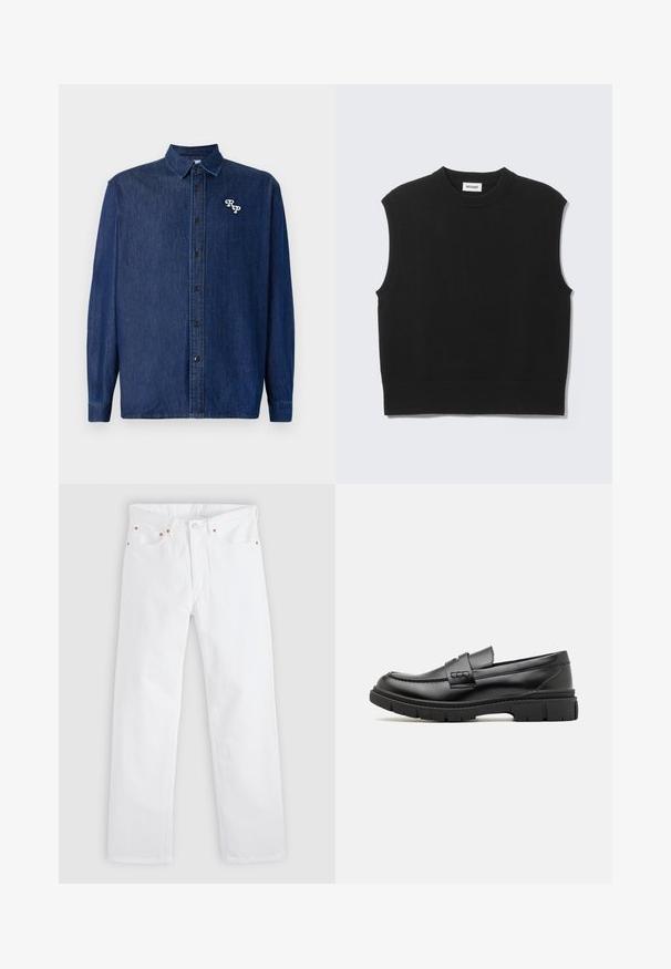 Sort ærmeløs sweater lavet af blødt strikket stof. Ribstrikket rund halsudskæring og kant. Enkel design uden yderligere mønstre eller detaljer.; Mørkeblå denimskjorte med knappelukning foran, lange ærmer og spids krave. Har en hvid broderet "RP"-logo.; Hvide jeans med lige ben, fem-lomme design, knap- og lynlåslukning samt kobbernitdetaljer på lommerne.; Sort læder loafersko med en bred rem over forfoden, gummisål med tykke mønstre og glat overflade. Klassisk, slankt design.
