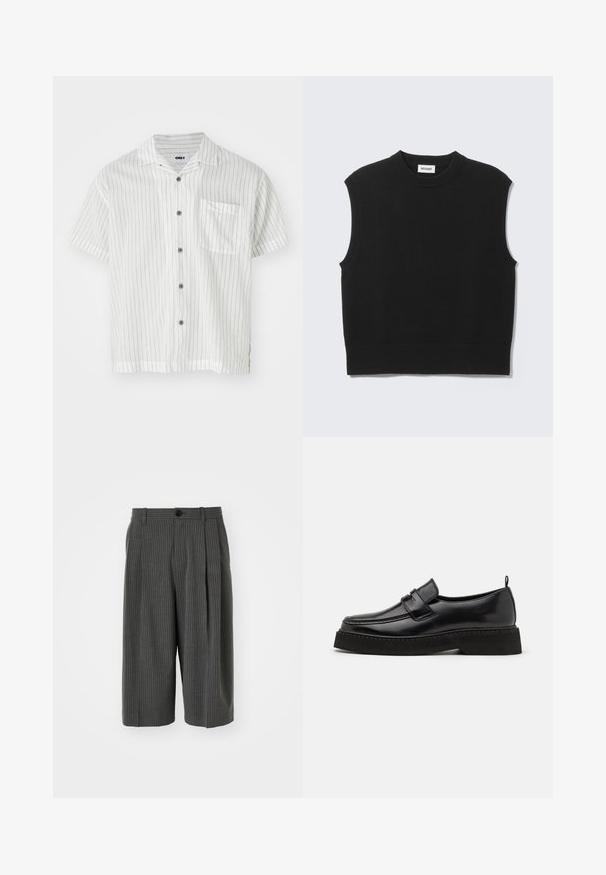 Suéter negro sin mangas confeccionado con tejido de punto suave. Cuello redondo y bajo acanalados. Diseño sencillo sin patrones ni detalles adicionales.; Camisa de botones de manga corta en blanco con finas rayas verticales negras, bolsillo en el pecho y botones grises; tela ligera con textura suave.; Pantalones cortos de pierna ancha a rayas grises con cierre de botón y parte delantera plisada. Hechos de una tela texturizada, con un diseño a medida.; Zapatos estilo mocasín de cuero negro con suela plana y texturizada, con puntera cosida y una correa a lo largo del empeine.