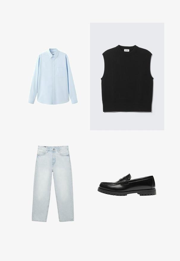 Pull sans manches noir en tissu tricoté doux. Encolure ronde côtelée et ourlet côtelé. Design simple sans motifs ni accents supplémentaires.; Chemise bleu clair à manches longues avec boutons, col pointu et poche poitrine, présentée sur fond blanc.; Jean bleu clair taille haute à jambes droites avec bouton et fermeture éclair à l'avant, passants pour ceinture, et design à cinq poches sur fond blanc.; Mocassin en cuir noir avec une semelle en caoutchouc épaisse et un détail classique de bride à monnaie, vu de côté extérieur.