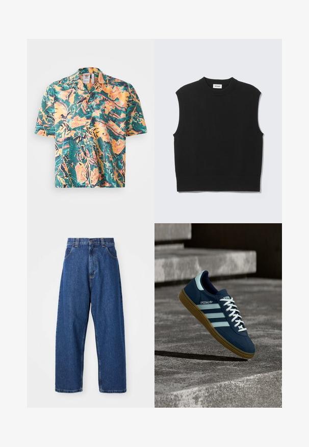 Suéter negro sin mangas confeccionado con tejido de punto suave. Cuello redondo y bajo acanalados. Diseño sencillo sin patrones ni detalles adicionales.; Camisa de manga corta con un vibrante estampado tropical que presenta tonos verdes, naranjas y amarillos. Cuello clásico con cierre de botones y un corte relajado.; Jeans de pierna ancha de denim en azul oscuro. Presentan una cintura alta, trabillas para cinturón y un diseño clásico de cinco bolsillos. Bajo cosido con un acabado limpio.; Zapatilla azul Adidas Spezial con rayas y cordones blancos, suela de goma, flotando sobre una superficie de hormigón rugosa y escaleras de fondo.