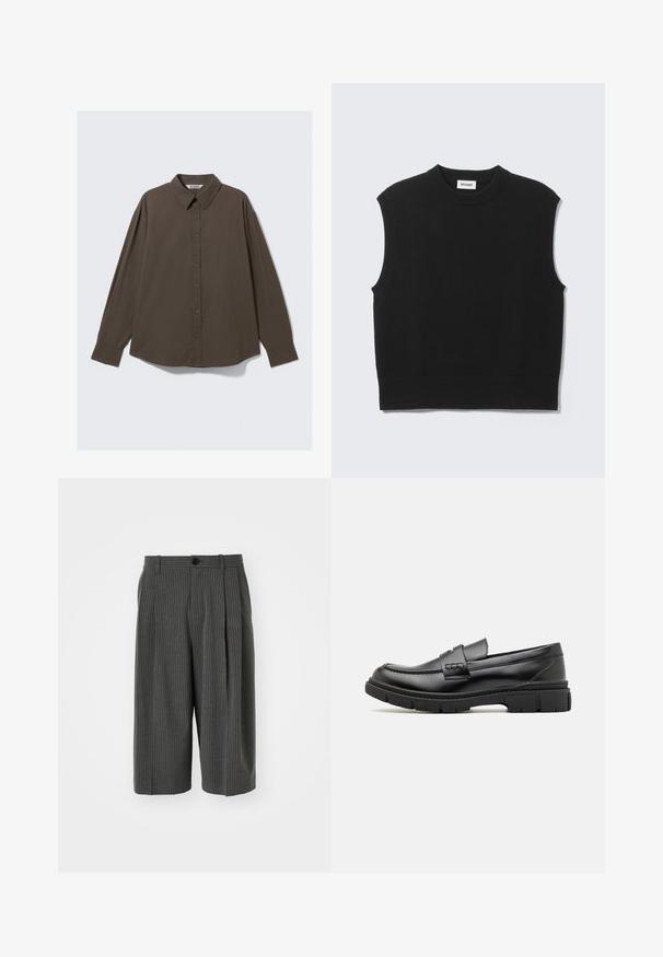 Sort ærmeløs sweater lavet af blødt strikket stof. Ribstrikket rund halsudskæring og kant. Enkel design uden yderligere mønstre eller detaljer.; Brun ternet skjorte med knapper, krave, lange ærmer og lige snit. Fremstillet af let stof med en blød tekstur.; Grå stribede shorts med vid benvidde, knaplukning og plisseret forside. Fremstillet af et tekstureret materiale, der har et skræddersyet design.; Sort læder loafersko med en bred rem over forfoden, gummisål med tykke mønstre og glat overflade. Klassisk, slankt design.