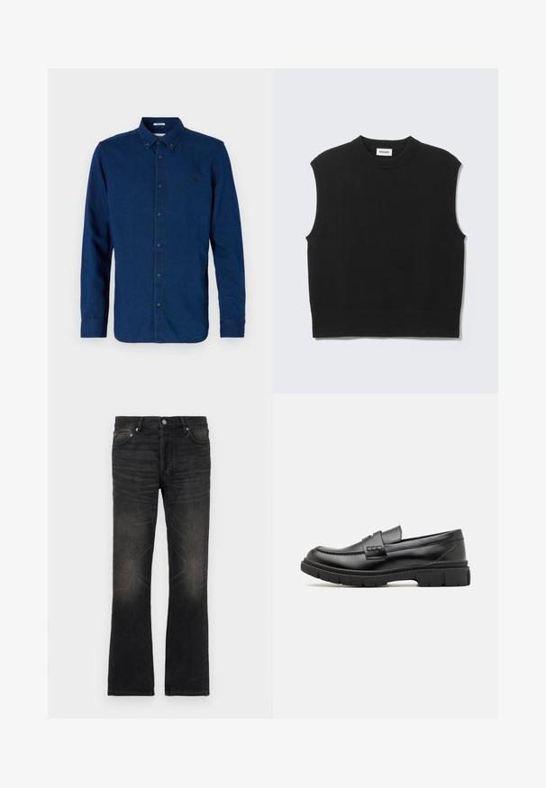 Suéter negro sin mangas confeccionado con tejido de punto suave. Cuello redondo y bajo acanalados. Diseño sencillo sin patrones ni detalles adicionales.; Camisa azul oscuro de manga larga con botones, cuello abotonado y un logo bordado sutil en el pecho izquierdo.; Jeans de mezclilla negra acampanados con un acabado desgastado, cinco bolsillos y detalles de metal en color plata. Presentan una cinturilla clásica y una tela ligeramente texturizada.; Mocasin de cuero negro con una cinta ancha en el empeine, suela de goma con tacos gruesos y textura suave. Diseño clásico y elegante.