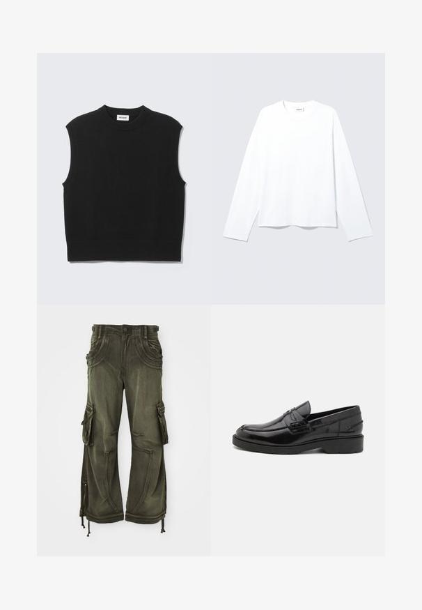 Suéter negro sin mangas confeccionado con tejido de punto suave. Cuello redondo y bajo acanalados. Diseño sencillo sin patrones ni detalles adicionales.; Camiseta blanca lisa de manga larga con cuello redondo, corte holgado y etiqueta de la marca visible en el cuello, colocada plana sobre un fondo claro.; Pantalones cargo verde oliva de algodón con un corte holgado, que cuentan con bolsillos laterales, cremalleras en los tobillos y cordones en el dobladillo.; Mocasines de cuero negro con un acabado suave, punta redondeada, tacón bajo y costura decorativa en la parte delantera. Suela de goma para mayor agarre.