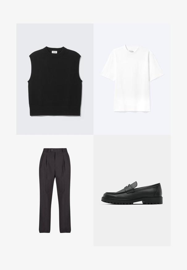 Pull sans manches noir en tissu tricoté doux. Encolure ronde côtelée et ourlet côtelé. Design simple sans motifs ni accents supplémentaires.; T-shirt blanc uni à manches courtes et col rond avec une coupe décontractée, présenté sur un fond clair.; Pantalons noirs ajustés en tissu lisse, dotés de plis devant, d'une fermeture à un bouton et de jambes droites sans motifs visibles.; Mocassins en cuir noir à bout arrondi, avec un design cousu, une semelle plateforme basse et une semelle en caoutchouc texturée et crantée.