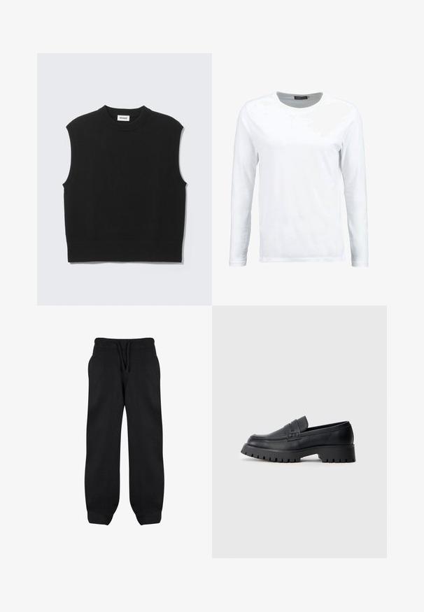 Suéter negro sin mangas confeccionado con tejido de punto suave. Cuello redondo y bajo acanalados. Diseño sencillo sin patrones ni detalles adicionales.; Camiseta blanca de manga larga hecha de algodón, con cuello redondo y una textura suave. Sin patrones ni acentos. Diseño sencillo.; Pantalones de chándal negros con cintura elástica, cordón y bolsillos laterales. Fabricados con una tela suave, tienen un corte holgado y tobillos ajustados.; Mocasines de cuero negro con punta redondeada, que presentan una correa decorativa y una suela de goma gruesa con surcos profundos para mayor tracción.