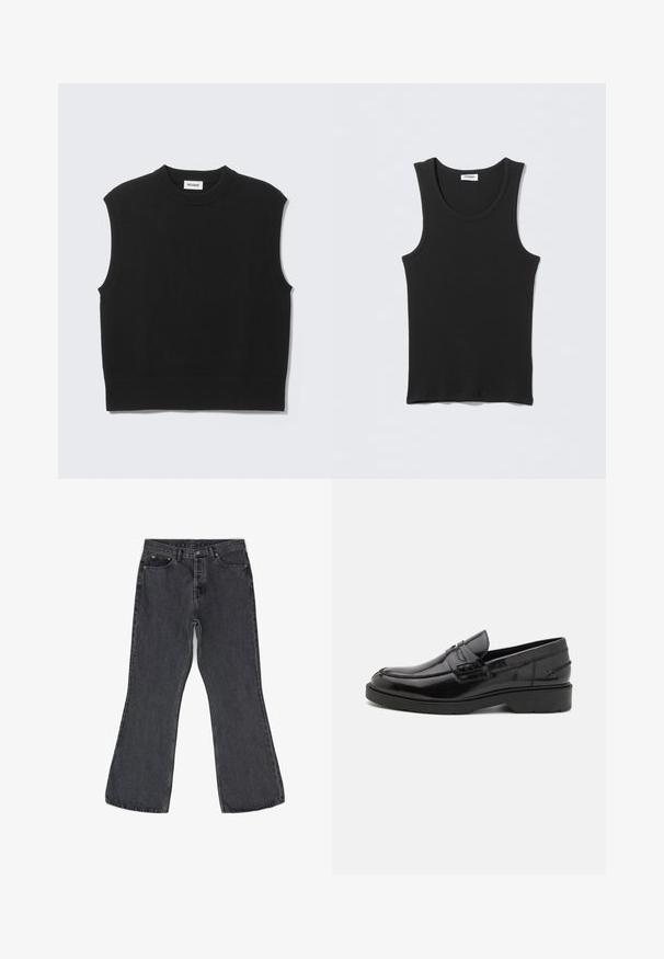 Sort ærmeløs sweater lavet af blødt strikket stof. Ribstrikket rund halsudskæring og kant. Enkel design uden yderligere mønstre eller detaljer.; Sort ærmeløs ribstrikket tanktop med rund halsudskæring, fladt lagt på lysegrå baggrund. Etiket med teksten "WEEKDAY."; Mørkegrå flare jeans lavet af denim, med et klassisk fem-lomme design, synlig syning og metal hardware detaljer.; Sorte læder loafers med en glat finish, rund tå, lav hæl og dekorativ syning langs forsiden. Gummisål for godt greb.