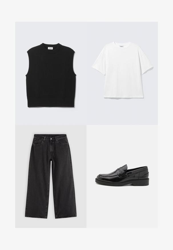 Pull sans manches noir en tissu tricoté doux. Encolure ronde côtelée et ourlet côtelé. Design simple sans motifs ni accents supplémentaires.; T-shirt blanc oversize à manches courtes, col rond, épaules tombantes, posé à plat sur fond gris clair.; Jean en denim noir à jambes larges avec poches avant, passants pour ceinture et fermeture par boutons, présenté sur un fond clair uni.; Mocassins en cuir noir avec une finition lisse, un bout rond, un petit talon et descoutures décoratives à l'avant. Semelle en caoutchouc pour l'adhérence.
