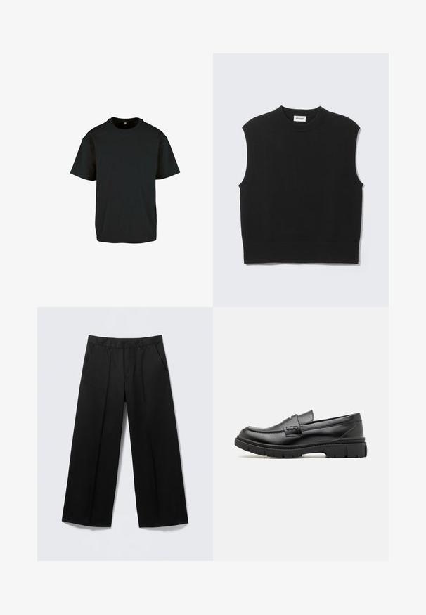 Suéter negro sin mangas confeccionado con tejido de punto suave. Cuello redondo y bajo acanalados. Diseño sencillo sin patrones ni detalles adicionales.; Camiseta de algodón negra con cuello redondo y mangas cortas; presenta un ajuste relajado y una superficie suave y texturizada.; Pantalones negros de pierna ancha con trabillas para cinturón, bolsillos delanteros y cierre de cremallera, exhibidos sobre un fondo gris claro.; Mocasin de cuero negro con una cinta ancha en el empeine, suela de goma con tacos gruesos y textura suave. Diseño clásico y elegante.