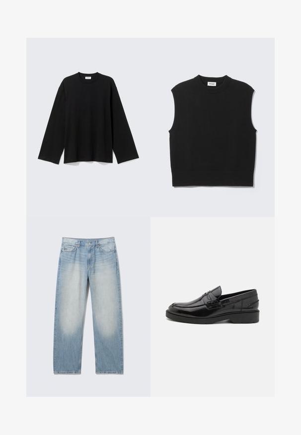 Suéter negro sin mangas confeccionado con tejido de punto suave. Cuello redondo y bajo acanalados. Diseño sencillo sin patrones ni detalles adicionales.; Camiseta negra de manga larga con cuello redondo, ajuste relajado, dobladillo recto y sin patrones ni logotipos visibles sobre un fondo claro.; Vaqueros de mezclilla de pierna recta de color azul claro con muslos delanteros desteñidos, estilo de cinco bolsillos, cierre de botón y trabillas para cinturón.; Mocasines de cuero negro con un acabado suave, punta redondeada, tacón bajo y costura decorativa en la parte delantera. Suela de goma para mayor agarre.