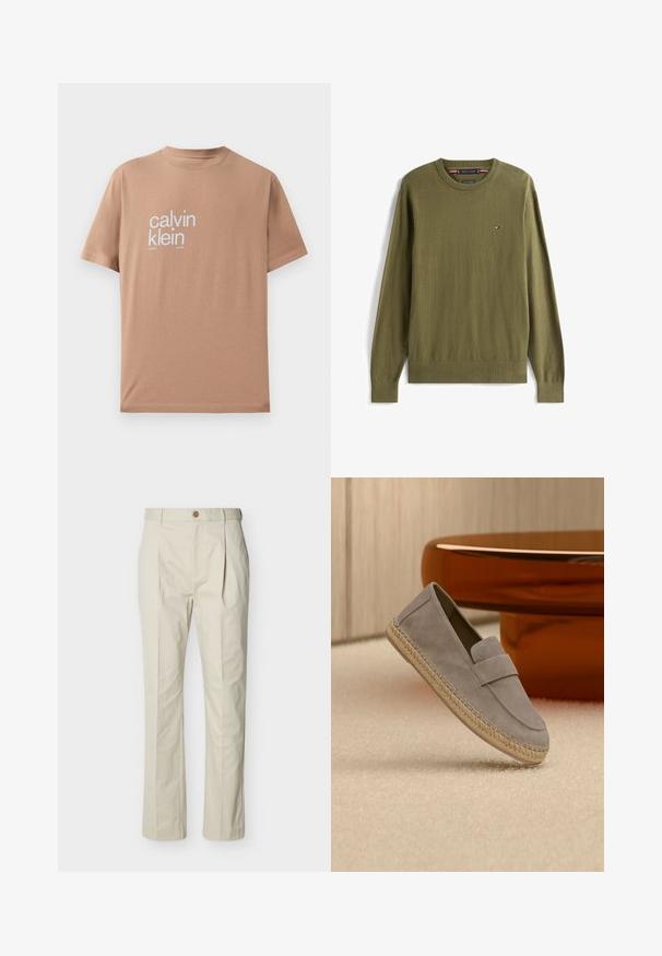 Olivengrøn langærmet crewneck-trøje med lille Tommy Hilfiger-logo på venstre bryst og ribstrikkede manchetter og kant.; Kortærmet T-shirt i lys brun bomuldsstof med stor hvid tekst "calvin klein" på forsiden og rund halsudskæring.; Beige skræddersyede bukser lavet af bomuld med plisseringer, knaplukning, lige ben og en glat tekstur.; Lysegrå ruskindsløffer med vævet jutesål, vist hvilende på et beige tæppe med et blankt brunt bord i baggrunden.