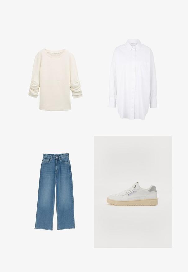 Top de manga larga de color crema con textura, mangas fruncidas y puños acanalados, escote redondo y ajuste holgado.; Camisa blanca de botón hecha de algodón con un cuello clásico, mangas largas, un bolsillo en el pecho y un dobladillo curvado para un ajuste relajado.; Jeans de mezclilla de pierna ancha en azul claro con una cintura alta, cinco bolsillos y costuras visibles; la tela tiene un acabado ligeramente texturizado.; Zapatillas blancas para hombres con una textura suave, detalles en gris, puntera redonda y suela de goma beige. Presentan una etiqueta lateral y detalles perforados.