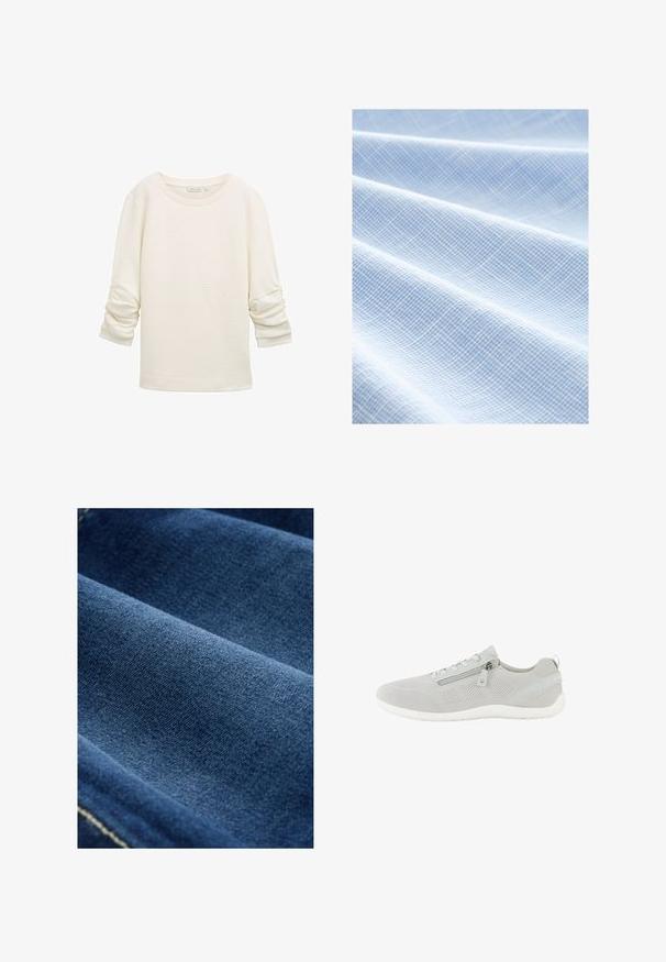 Off-white tekstureret langærmet bluse med rynkede ærmer og ribbede manchetter, rund halsudskæring og løs pasform.; Lyst blå stof med et vævet gittermønster. Texturen er glat med synlige folder, hvilket indikerer et blødt og let materiale.; Mørkeblå denim stof med en glat tekstur, synlig vævning og subtil stræk. Har svage syninger langs kanterne.; Lysegrå mesh-sneaker med sidelås, snørelukning, hvid sål og trækstrop ved hælen, vist i venstre profil.