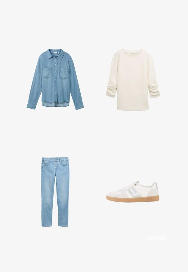 Off-white tekstureret langærmet bluse med rynkede ærmer og ribbede manchetter, rund halsudskæring og løs pasform.; Lysblå denimskjorte med lange ærmer, knaplukning og to forlommer. Har en klassisk krave og en let buet kant.; Lyseblå denim jeans med en tætsiddende design, fem lommer og en knaplukning med fem synlige knapper. Glat tekstur og klassisk snit.; Hvid lavtop sneaker med sølvstriber, hvide snørebånd og en lys brun gummisål, vist fra siden på en hvid baggrund.
