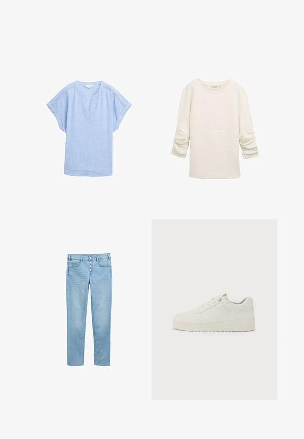 Off-white textuur lange mouwen top met gerimpelde mouwen en geribbelde manchetten, ronde halslijn en een losse pasvorm.; Lichtblauw shirt met korte mouwen in een ademende stof, met een v-hals en een subtiele textuurpatroon overal.; Lichtblauwe denim jeans met een getailleerd ontwerp, vijf zakken en een knoopsluiting met vijf zichtbare knopen. Glad textuur en klassieke snit.; Witte sneaker met een gladde leren buitenkant, ronde neus, zes oogjes, gevoerde kraag en een gestructureerde rubberen zool. Subtiel merkembleem aan de zijkant.