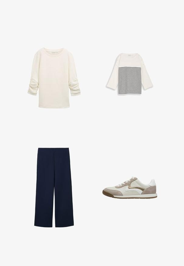 Off-white tekstureret langærmet bluse med rynkede ærmer og ribbede manchetter, rund halsudskæring og løs pasform.; Hvid langærmet skjorte med sorte, vandrette striber på den nedre forside og knapper langs skuldersømmene.; Marineblå brede bukser lavet af letvægtigt stof, med et rent design og lige snit, forsynet med sidelommer og uden synlige lukninger.; Sko med beige ruskind og hvidt syntetisk overdel, med en metallisk guldaccent og hvide snørebånd på en brun gummisål.