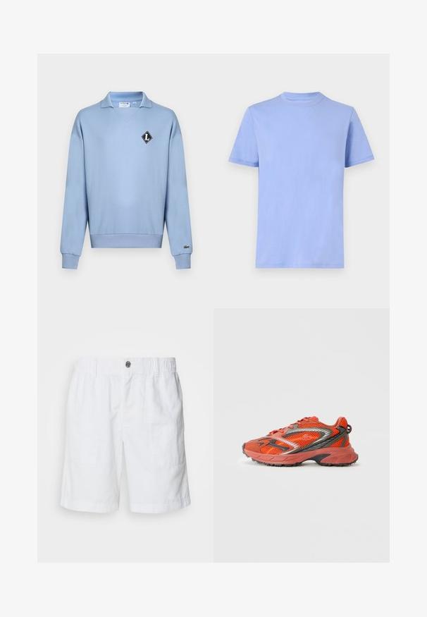 Pull bleu clair à manches longues avec poignets et ourlet côtelés, col ouvert et écussons au logo Lacoste sur la poitrine et la manche.; T-shirt bleu clair à manches courtes et col rond, avec un design uni, présenté à plat sur un fond blanc.; Shorts en lin blancs avec une taille élastique et un bouton en métal. Comprend deux poches latérales et un design à coupe décontractée.; Chaussure de sport rouge et marron avec un tissu en maille, des accents noirs et une semelle en caoutchouc. Présente un bout arrondi et des lacets contrastés.