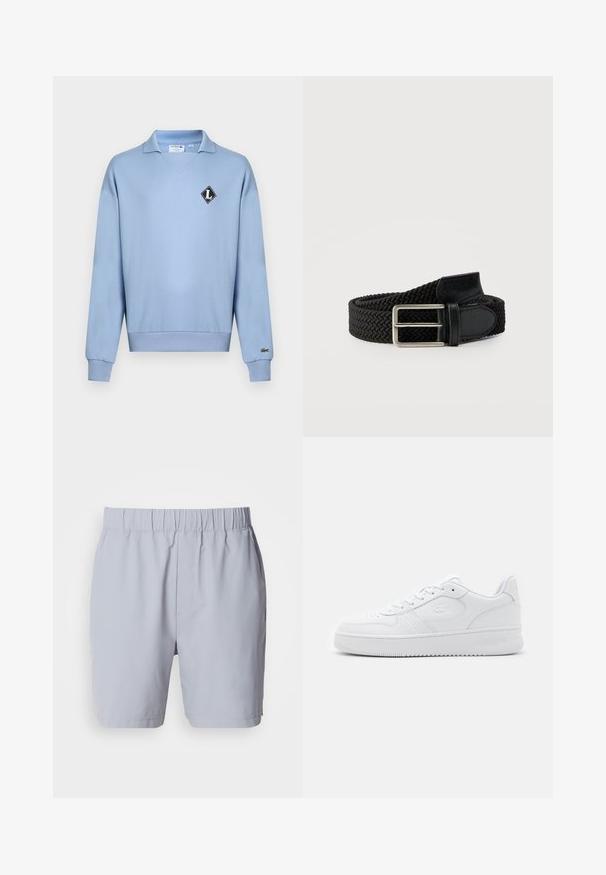 Hele sinine pika varrukaga pullover soonikkoes varrukate ja äärega, avatud krae ning Lacoste'i logoga plaastritega rinnal ja varrukal.; Heledhall toonides ujumispüksid elastse vöökohaga, kaks küljetaskut ja sile ning kerge kangas. Nähtavad mustrid või kaunistused puuduvad.; Valge nahast tenniseking, millel on perforatsioonidega varvas, lame paelad ja pehmendusega krae. Omab sissepressitud logo küljel ja tekstuurset kummist talda.; Mustast punutud kangast vöö hõbedase ristkülikukujulise pandla ja mustade nahast otsikutega, keritud valgel taustal.