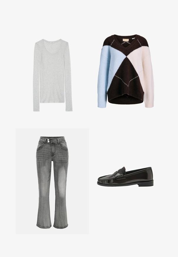 V-Ausschnitt-Pullover mit übergroßer Passform, der hellblaue, cremefarbene und dunkelbraune Farbfelder in einem geometrischen Muster zeigt.; Langärmliges, hellgraues T-Shirt aus weichem Stoff mit U-Boot-Ausschnitt und schmaler Passform. Hat eine minimale Textur und keine Muster.; Graue Denim-Jeans mit hoher Taille, doppeltem Knopfverschluss, Fronttaschen und leicht ausgestellten Beinen.; Schwarzer, glänzender Leder-Slipper für Herren mit genähter Mokassinnaht und niedrigem Blockabsatz, seitlich auf weißem Hintergrund gezeigt.