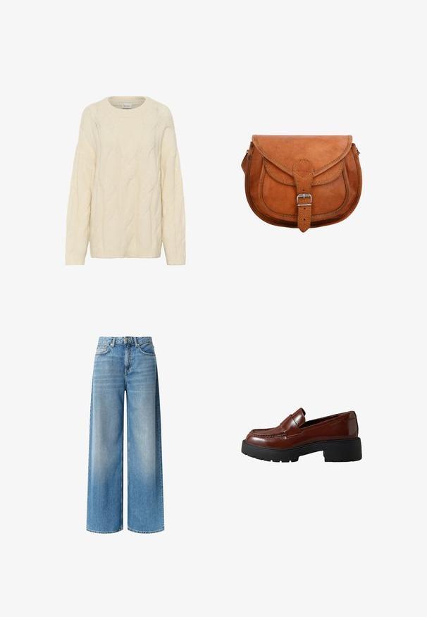 Suéter de punto trenzado color crema con cuello redondo, mangas largas y patrones texturizados, confeccionado en una suave tela de punto grueso.; Jeans de mezclilla azul de pierna ancha con un lavado claro, cintura alta, bolsillos delanteros y un sutil efecto de desvanecimiento a lo largo de las piernas. Terminados con un cierre de botón.; Mocasín de cuero marrón con suela negra gruesa y tacón bajo de bloque, con una correa tipo penny y un sutil logo de Calvin Klein en el lateral.; Bandolera de cuero marrón con cierre de solapa, costuras decorativas y un hebilla de metal. Contiene un fondo redondeado y bolsillos laterales.
