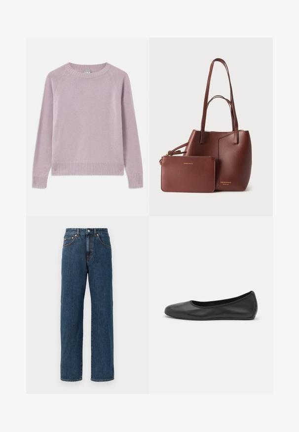 Pull tricoté léger en violet avec un ourlet et des poignets côtelés, des manches raglan et un col rond. Texture douce et design sans couture.; Jeans en denim bleu foncé avec une coupe droite. Comprend cinq poches, des détails de couture subtils et une fermeture à bouton au niveau de la taille.; Ballerines en cuir noir avec un bout rond, texture lisse, détails de couture minimalistes et design de semelle flexible.; Sac cabas en cuir marron avec deux bretelles d’épaule et une pochette assortie zippée, tous deux embossés du logo doré Emporio Armani.
