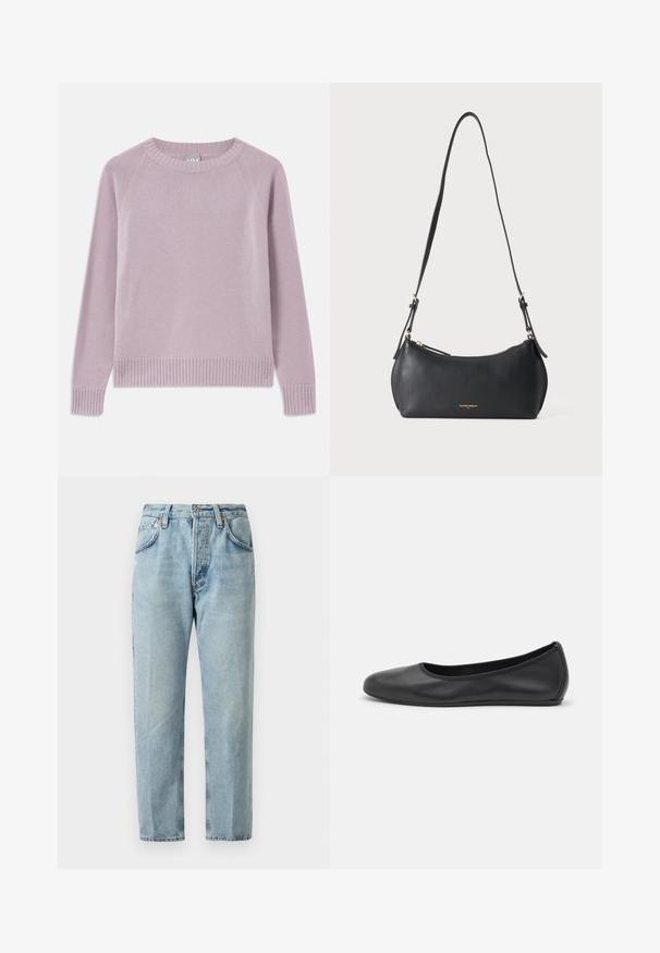 Lyserød striktrøje med ribbede kanter og manchetter, raglanærmer og rund halsudskæring. Blød tekstur og sømløst design.; Lysblå denimjeans med lige ben, fem lommer og let slid. Har en knaplukning og bæltestropper.; Sort læderballetsko med rund tå, glat tekstur, minimal syning og et fleksibelt såldesign.; Lille sort læder skuldertaske med justerbar rem og gyldent lynlås, med subtilt gyldent brandtekst foran.