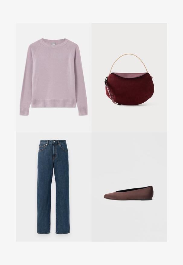 Pull tricoté léger en violet avec un ourlet et des poignets côtelés, des manches raglan et un col rond. Texture douce et design sans couture.; Jeans en denim bleu foncé avec une coupe droite. Comprend cinq poches, des détails de couture subtils et une fermeture à bouton au niveau de la taille.; Ballerines en tissu marron avec un bout pointu et une texture lisse, dotées d'un talon bas et d'une fine semelle noire. Aucune motif ni élément métallique visible.; Sac à main en forme de croissant en daim rouge foncé avec rabat en cuir lisse, poignée en chaîne dorée et bandoulière en cuir réglable sur fond blanc.