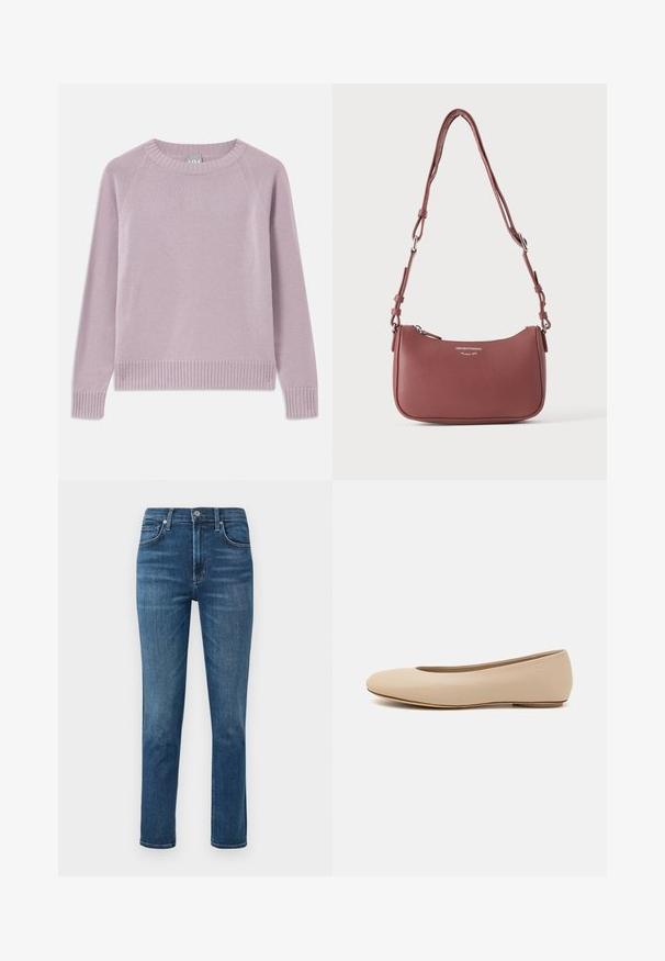 Lyserød striktrøje med ribbede kanter og manchetter, raglanærmer og rund halsudskæring. Blød tekstur og sømløst design.; Mørkeblå denim jeans med lige ben, fem-lomme design og en metalknap i taljen. Diskret falming og syninger.; Beige læder balletflade med afrundet tå, minimal sømdetaljering, lav hæl og subtilt logo på bagsiden. Glat, mat tekstur.; Lille tekstureret violet læderskuldertaske med justerbar rem og sølvlynlås, med Emporio Armani Milano 1981-logo på fronten.