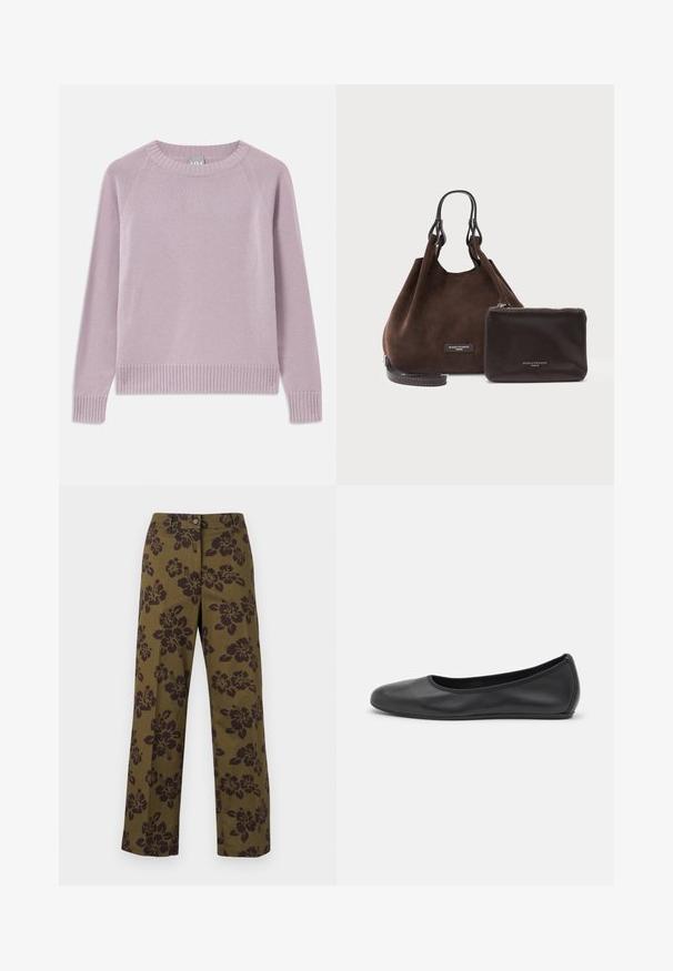 Pull tricoté léger en violet avec un ourlet et des poignets côtelés, des manches raglan et un col rond. Texture douce et design sans couture.; Pantalons à jambes larges vert olive en coton, avec un motif floral foncé, fermeture à bouton et ourlet droit.; Ballerines en cuir noir avec un bout rond, texture lisse, détails de couture minimalistes et design de semelle flexible.; Sac à main en daim marron avec poignées en cuir foncé et petite pochette zippée en cuir foncé assortie, tous deux étiquetés Gianni Chiarini Firenze.