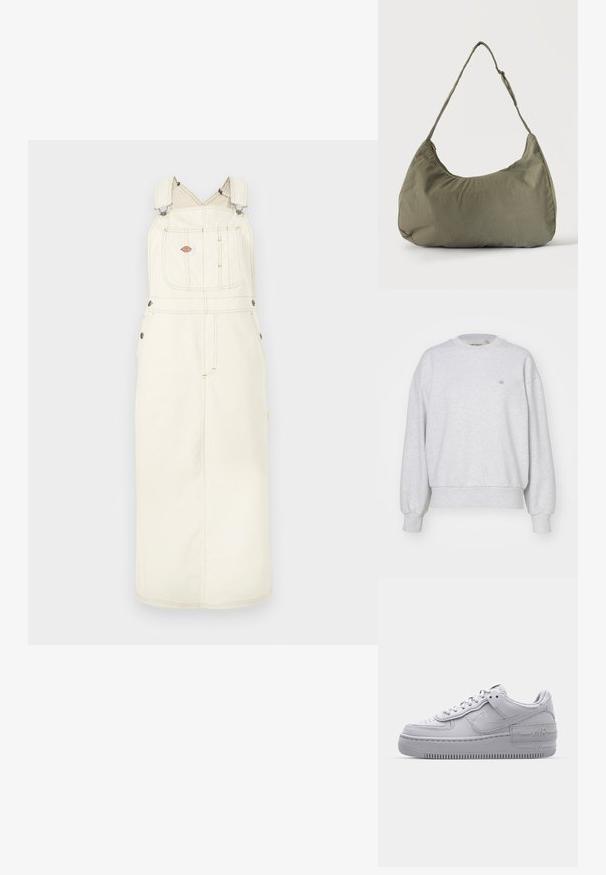 Carhartt WIP CASEY - Sudadera - ash heather/silver; Vestido de tirantes de mezclilla beige claro con tirantes ajustables, bolsillo delantero y detalles en metal. Silueta larga con costuras decorativas.; Zapatilla Nike Air Force 1 gris con puntera perforada, parte superior de cuero suave, suela gruesa y detalle en relieve 'AIR' en el talón.; Bolso de hombro de tela suave color verde oliva con cierre de cremallera y correa ajustable sobre un fondo liso y claro.