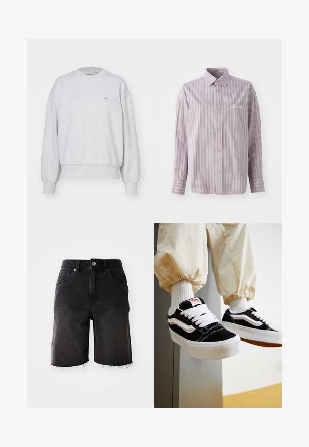 Carhartt WIP CASEY - Sweater - ash heather/silver; Lichtpaarse overhemden met verticale strepen in donkergrijs. Bevat een klein borstzakje en een geborduurd logo aan de linkerkant.; Zwarte denim shorts met een vervaagde wassing, rafelig zoom, klassieke vijf-pocket ontwerp en een enkele knoopsluiting. Dikke stiksels accentueren het geheel.; Persoon die zwart-witte Vans sneakers draagt met witte veters, witte sokken en beige broek met elastische manchetten.