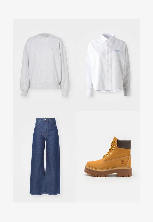 Carhartt WIP CASEY - Sweater - ash heather/silver; Witte overhemdd met lichtblauwe verticale strepen, een puntige kraag en een klein blauw logo op de linkerborst. Katoenen stof, ontspannen pasvorm.; Wijd-uitlopende jeans van donkerblauwe denim. Hoge taille met een ritssluiting en knoopsluiting. Bevat klassieke vijf-pocket styling en gezoomde randen.; Tan waterdichte enkelboot met een stevige rubberen zool, ronde neus, bruine leren kraag, gele veters en een logo aan de zijkant.