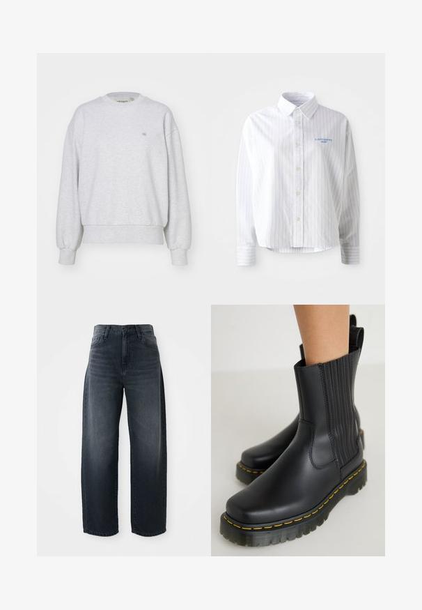 Carhartt WIP CASEY - Pusa - ash heather/silver; Valge nööbiga särk, millel on helesinised vertikaalsed triibud, terav krae ja väike sinine logo vasakul rinnal. Puuvillane kangas, mugav istuvus.; Laia teksad tumeda pesu, kõrgema vöökohaga, klassikalise nööbi ja tõmblukuga ning õrna tuhmumisega ees.; Mustad must saad motifselt, mati viimistlusega. Omab vertikaalset õmblust, paksu tallaga, millel on kollased õmblused, ja tagumises osas tõmbeaas.